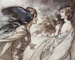 Historische Illustration von Figuren aus Wagners Ring des Nibelungen mit mythologischer Darstellung zweier Frauenfiguren