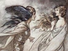 Historische Illustration von Figuren aus Wagners Ring des Nibelungen mit mythologischer Darstellung zweier Frauenfiguren