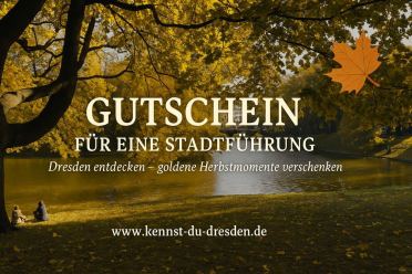 Gutschein für eine Stadtführung in Dresden im Herbst, mit goldenem Laub, Flusslandschaft und warmem Sonnenlicht.
