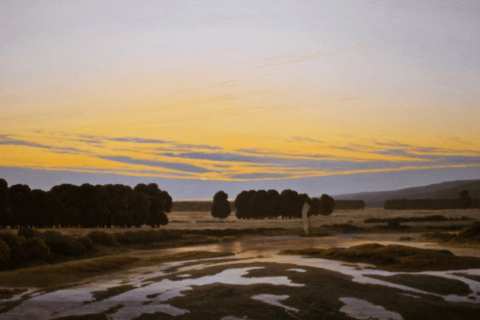 Das Gemälde 'Das Große Gehege' von Caspar David Friedrich zeigt eine weite, melancholische Landschaft mit dramatischem Himmel und fernen Bergen, typisch für die Romantik