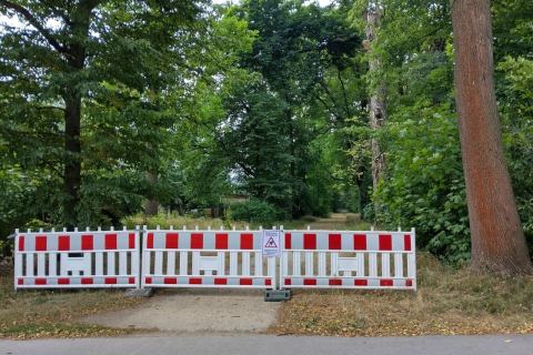 Gesperrter Parkweg im Großen Garten Dresden mit rot-weißer Absperrung und Warnschild vor herabfallenden Ästen, umgeben von dichtem Baumbestand