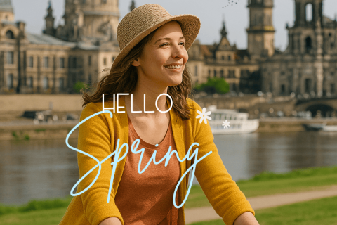 Frau mit Fahrrad am Elbufer in Dresden im Frühling, im Hintergrund die Altstadt mit der Frauenkirche – ideal für Stadtführungen mit Gutschein.
