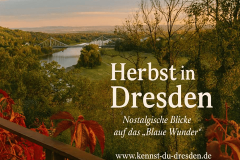 Herbst in Dresden – Blick auf das Blaue Wunder Blick über die Elbe auf das Blaue Wunder in Dresden im warmen Herbstlicht, mit roten Weinblättern im Vordergrund.