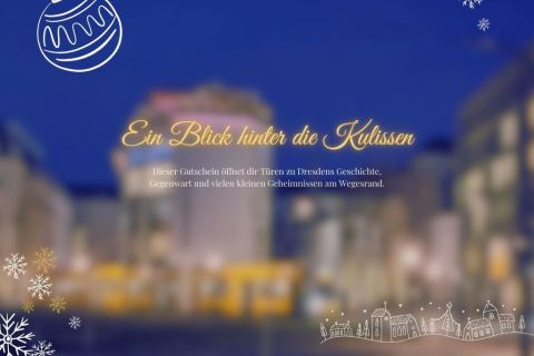 Gutschein für eine Stadtführung in Dresden – Weihnachtsedition Weihnachtlich gestalteter Gutschein für eine Stadtführung in Dresden mit festlichen Farben, goldenen Akzenten und elegantem Schriftzug.