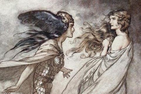 Historische Illustration von Figuren aus Wagners Ring des Nibelungen mit mythologischer Darstellung zweier Frauenfiguren