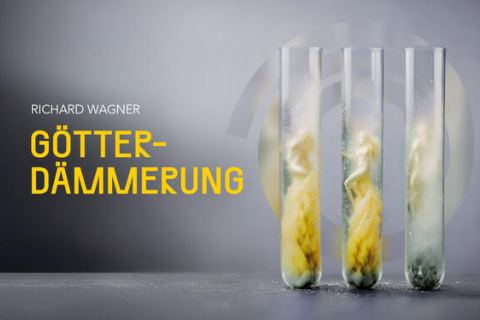 Modernes Motiv zur Götterdämmerung mit Reagenzgläsern und farbigen Reaktionen als Symbol für neue Wagner-Interpretation